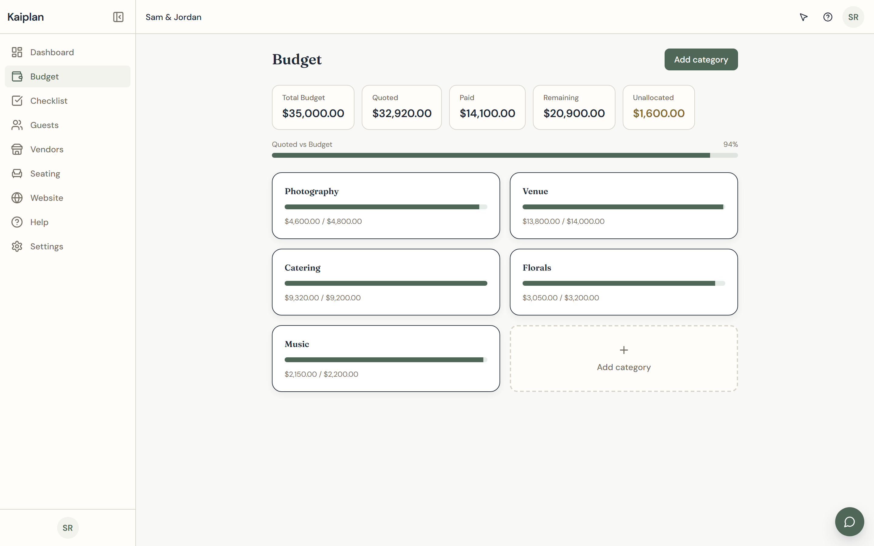 Kaiplan budget ledger showing six categories with totals, paid amounts, and remaining balance.