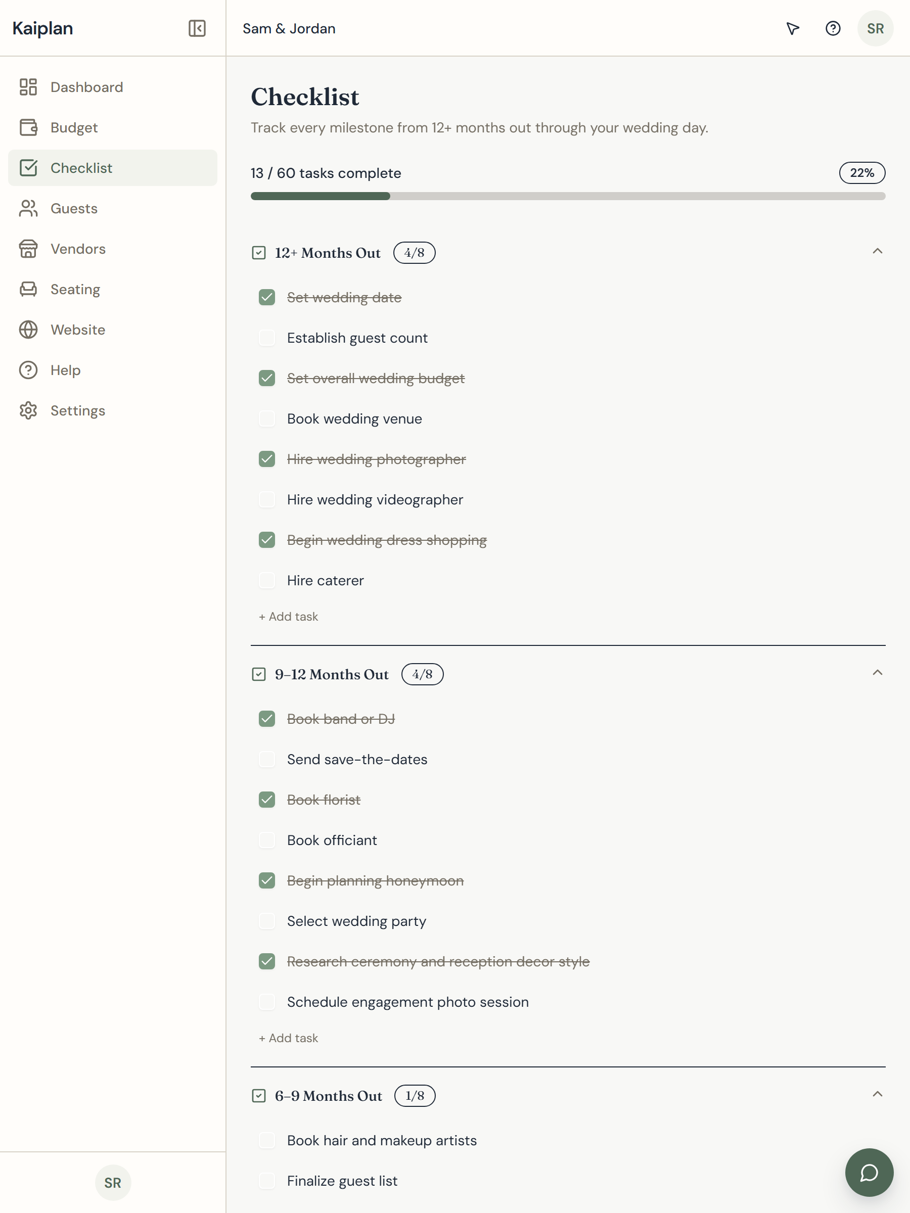 Kaiplan milestone checklist grouped by months-out buckets with mixed completed and pending tasks.