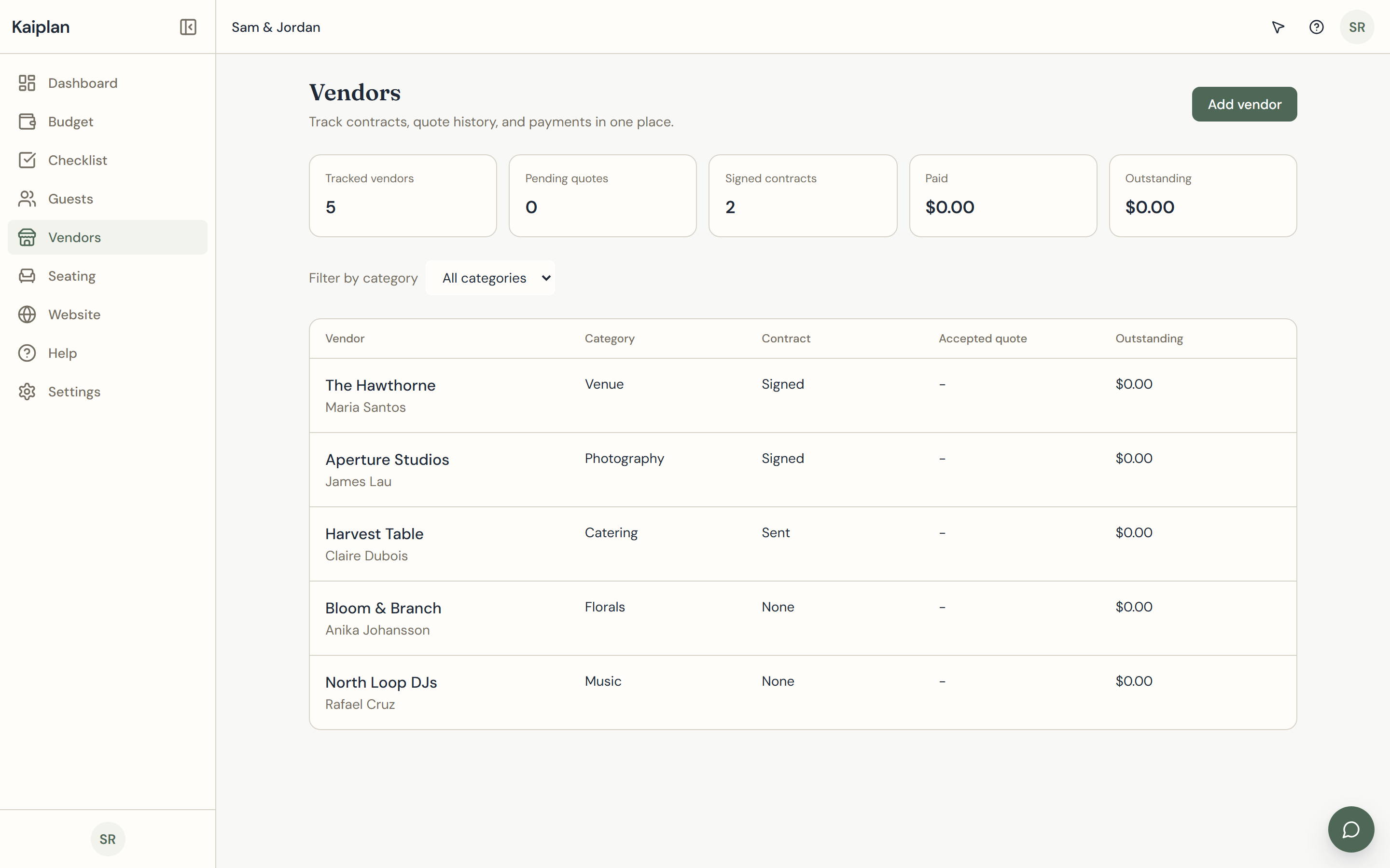 Kaiplan vendor tracker listing five vendors across categories with contract status and contact details.