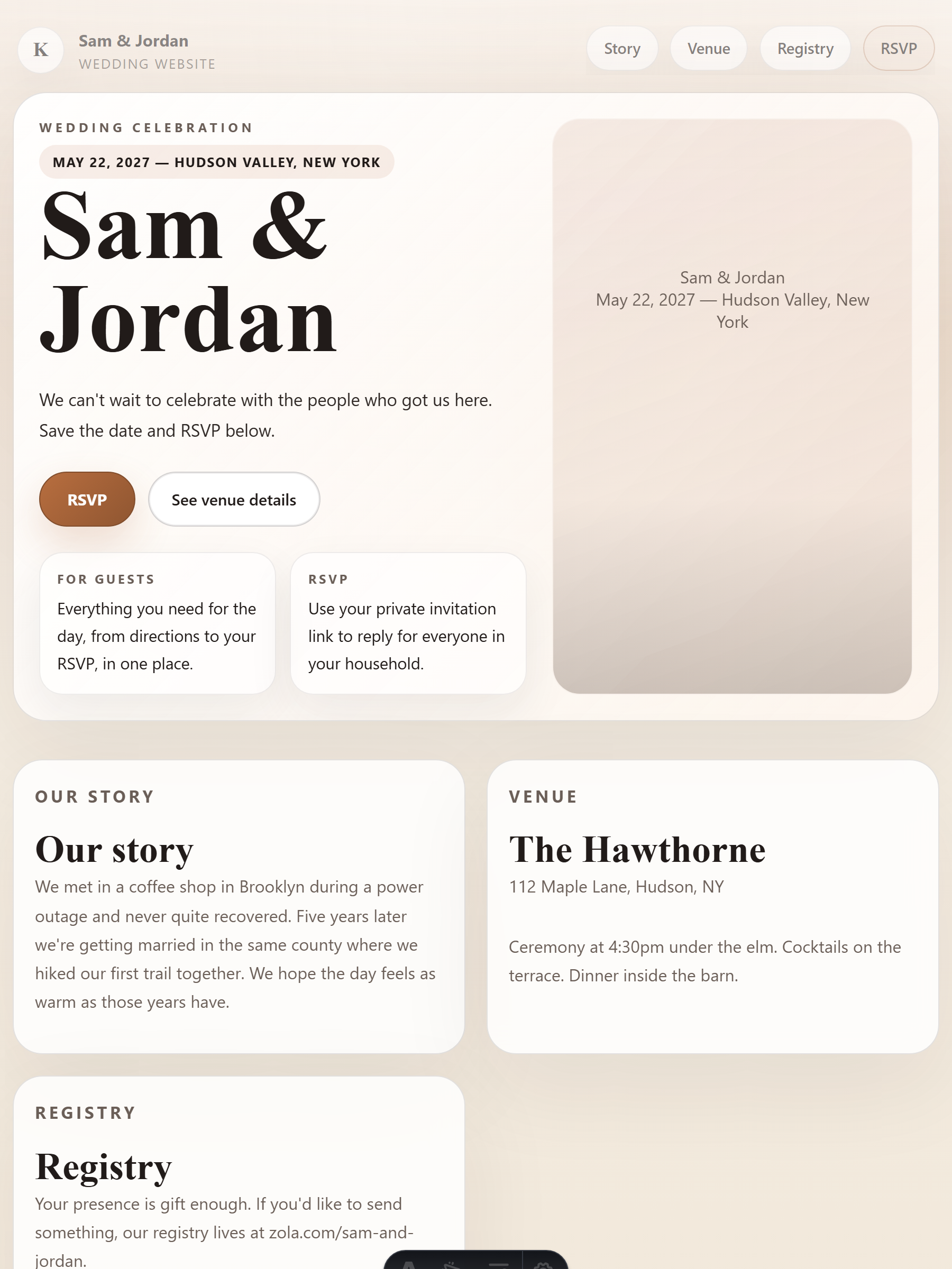 Public wedding website for Sam & Jordan with hero, story, venue, registry, and RSVP sections.